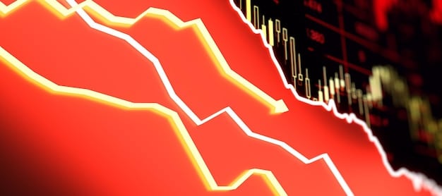 A downward trending stock market graph with a red line, overlaid with icons representing housing, consumer goods, and technology, indicating vulnerable sectors.