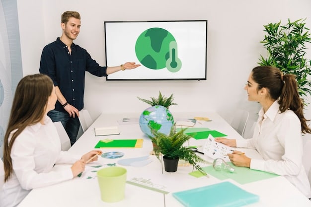 World leaders in a conference room, engaged in a discussion on climate change, with global maps and sustainability charts in the background.