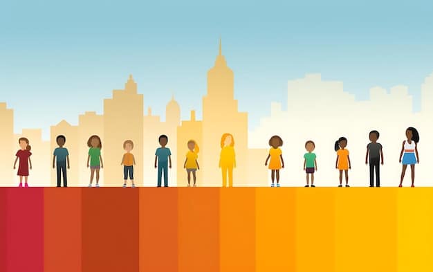 A diverse group of people standing on different height platforms, with some at the very top and others struggling at the bottom, illustrating unequal opportunities and a clear economic divide.
