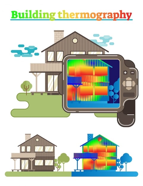 A detailed illustration of a building's cross-section, highlighting different energy-efficient components like insulation in walls and roof, double-paned windows, and a modern heat pump, with a focus on interior comfort.