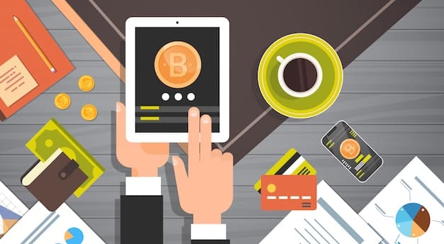 A person using crypto tax software on a tablet, with various digital assets icons visible in the background, symbolizing organized tax planning.
