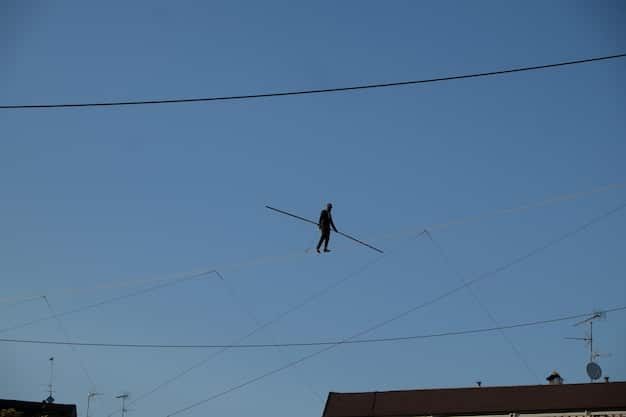 A stylized image of a tightrope walker balancing on a wire between two tall buildings, symbolizing the delicate political balance required for Social Security reform.