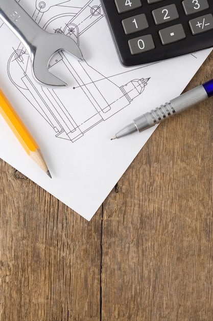 A detailed architectural blueprint laying on a wooden table, with a calculator and pen, symbolizing financial planning for a construction project.