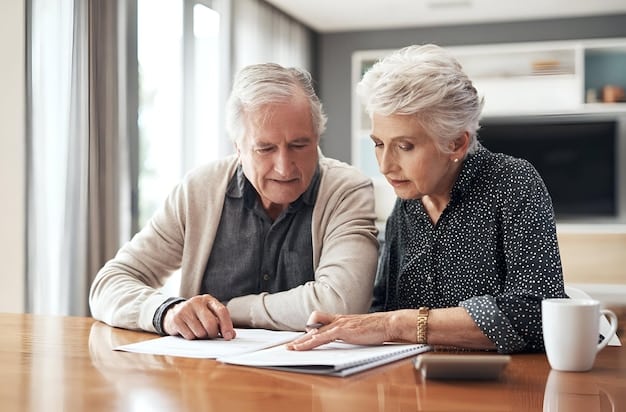 An elderly couple reviewing medical documents and a living will, emphasizing the importance of healthcare estate planning.
