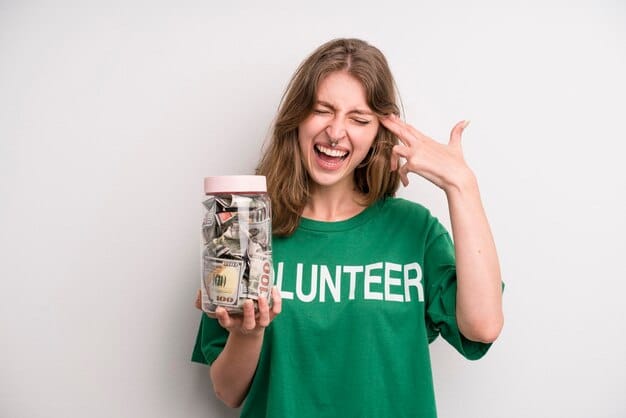 A young adult meticulously organizing paper money and coins into different labeled jars representing savings, bills, and fun, illustrating budgeting.