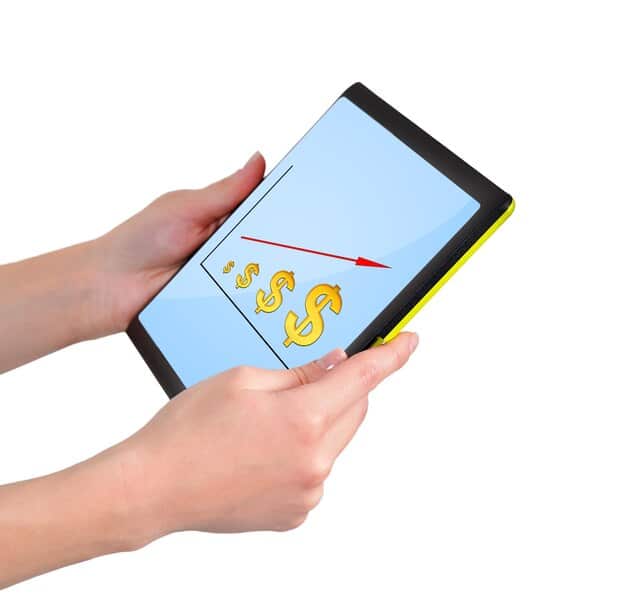 Hands setting up automated payments on a tablet, with currency symbols and upward trending arrows floating around, symbolizing efficient and growing finances.