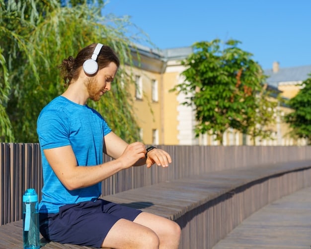 A person using a smartwatch to track their heart rate during a mindful walking exercise in a serene park, illustrating advanced health monitoring and stress management.