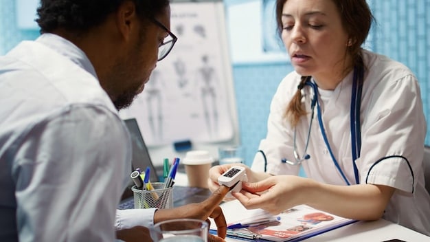 A healthcare professional (doctor or nurse) consulting with a patient about their diabetes management plan, pointing to a diagram of the human body highlighting interconnected systems (heart, kidneys, eyes), emphasizing the holistic approach to co-morbidity management. Clean, modern clinic setting.