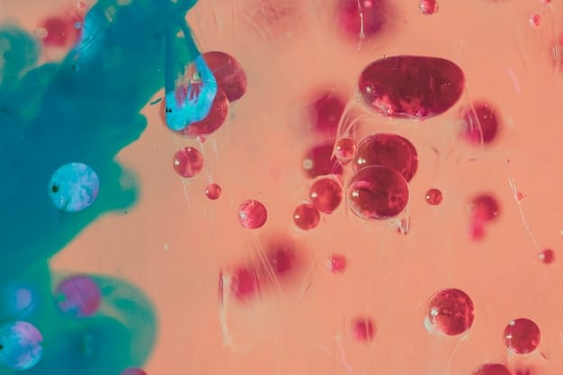 Microscopic view of human cells undergoing autophagy, with scientific data overlays showing improvements in metabolic markers like glucose and insulin.