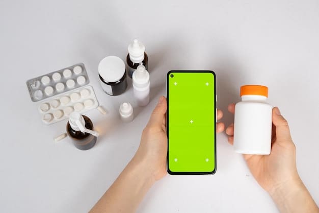 A person holding a smartphone displaying a health app, with OTC medicine bottles blurred in the background, symbolizing digital integration in healthcare.