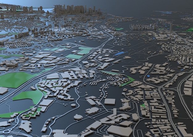 A detailed, high-tech map of a city showing data overlays of air quality hotspots and green initiatives, with a futuristic design aesthetic, illustrating advanced monitoring and urban planning for clean air.