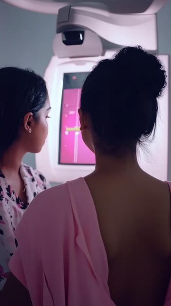 A doctor reviewing mammogram images on a digital screen with a female patient, discussing breast cancer screening results and options in a compassionate and clear manner.