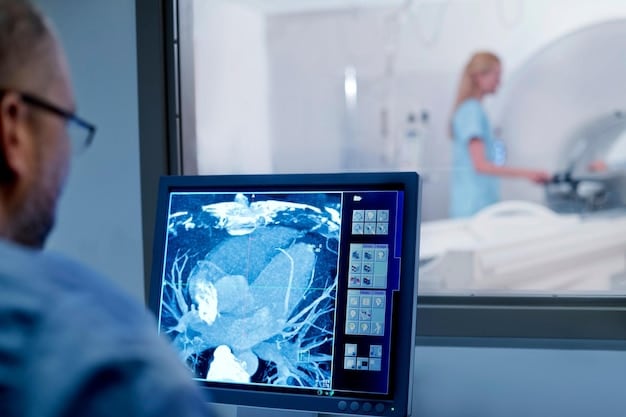 A healthcare professional is interacting with a sophisticated AI interface displaying medical scans, illustrating the role of artificial intelligence in enhancing diagnostics and cancer screening.