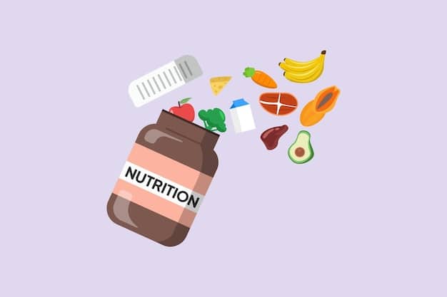 A graphic representation showing different types of healthy foods alongside supplement bottles, illustrating how supplements can complement a balanced diet, with elements symbolizing nutrient absorption and well-being.