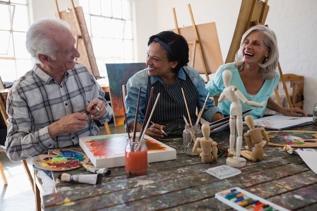A group of diverse seniors attending a vibrant art class, painting and conversing, illustrating creative cognitive engagement.