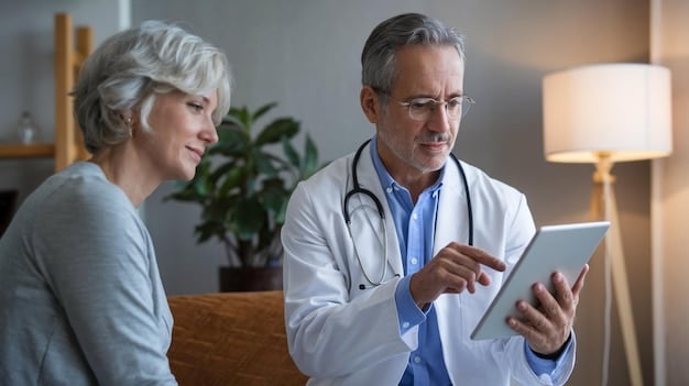 A senior patient in consultation with a friendly doctor, reviewing medical charts on a tablet, emphasizing proactive health management.
