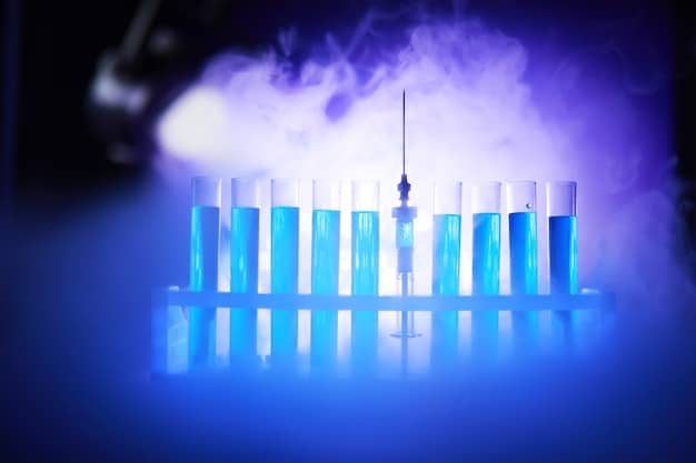 A scientist in a lab coat examining test tubes, with blurred chemical structures and data graphs in the background, symbolizing scientific research and analysis.
