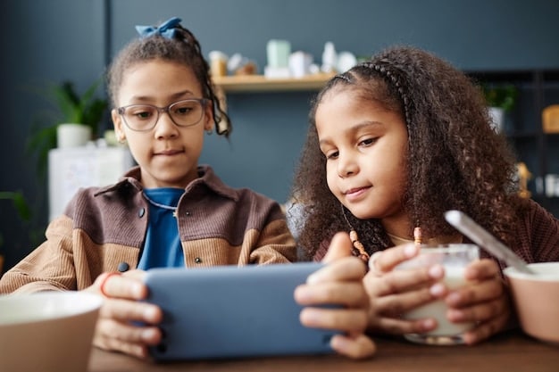 A close-up shot of a diverse group of elementary school children engaged in a coding activity on tablets, with a supportive teacher observing, demonstrating early STEM education with modern tools.