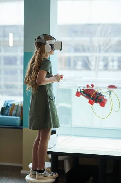 A futuristic classroom setting where students are interacting with holographic displays and wearable tech, showcasing highly personalized and adaptive microlearning experiences. The scene is bright and collaborative.