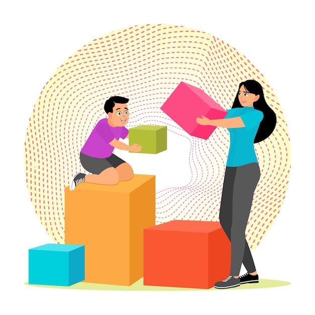 A child using colorful blocks to represent mathematical concepts, with an adult supervising and guiding the learning process.