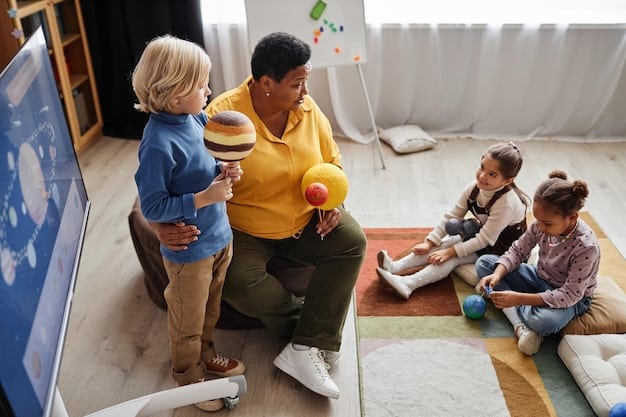 A supportive US early childhood educator engaging with a small group of children in a colorful classroom, using a tablet for an interactive learning game while other children are engaged with traditional educational toys.