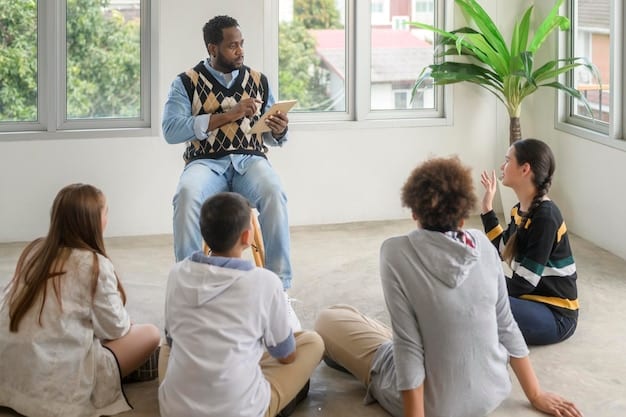 A group of diverse students of varying ages sitting in a circle, actively participating in a discussion with an adult facilitator, reflecting a democratic school meeting with shared decision-making.