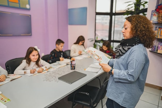A confident teacher leading a lively discussion in a classroom filled with engaged students, demonstrating effective and modern teaching methodologies learned through recent professional development.