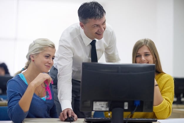 A teacher looking enthusiastically at a computer screen showing various financial incentives and professional development opportunities.