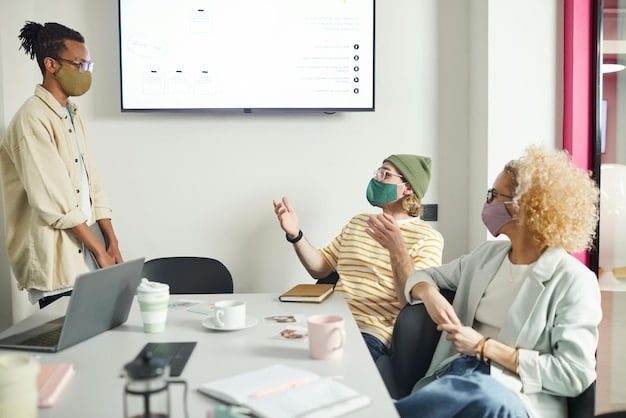 A diverse group of educators and policymakers in a meeting room, intensely discussing charts and graphs on a whiteboard, symbolizing collaborative efforts in educational policy making.