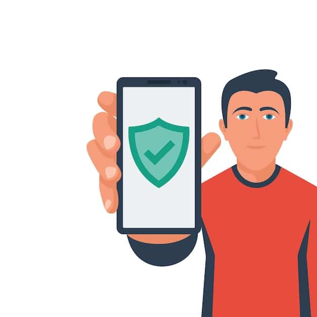 An illustration of a person holding a smartphone with a shield icon displayed on the screen, surrounded by floating data packets with locks on them. The background is a network of interconnected nodes, symbolizing data protection and New Federal Regulations on Data Privacy: How the Changes in 2025 Impact Your Online Security.