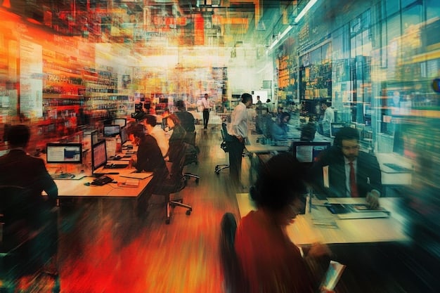 A split image contrasting a busy technology office with multiple employees collaborating and a retail store with