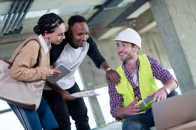 A diverse group of construction workers collaborating on a project site, using modern equipment and technology. They are wearing safety gear, signifying a focus on workplace safety and skill development in the infrastructure sector. The US flag is visible in the background, reinforcing the national importance of the US Infrastructure Bill.