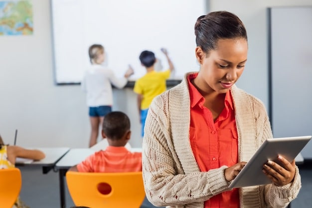 A teacher explaining a concept to a student using a digital tablet in a classroom. The image highlights the integration of technology in modern education and its role in achieving personalized learning experiences aligned with national education standards. National Education Standards: What Are the Proposed Reforms and How Will They Affect Students?