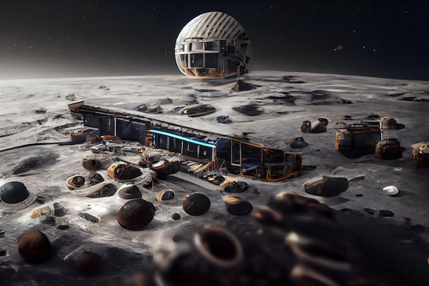 A detailed rendering of the Orion spacecraft in lunar orbit, showcasing its advanced technology and capabilities. Text overlay highlights features like the solar arrays and docking mechanisms. This illustrates the US Space Program: Latest Missions and Future Goals for 2025 and Beyond for lunar missions