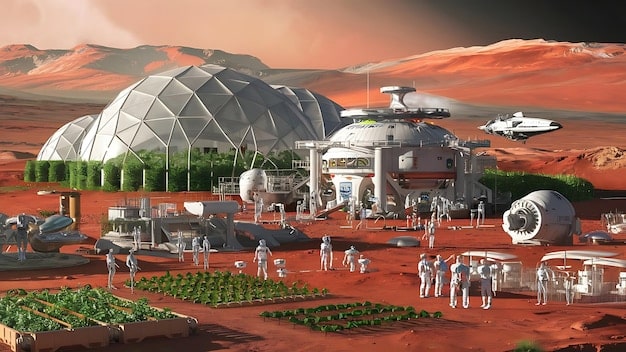 A futuristic illustration of a crewed Mars base, complete with habitats, greenhouses, and rovers exploring the Martian surface. The scene depicts the aspirations of the US Space Program: Latest Missions and Future Goals for 2025 and Beyond for a long-term Martian presence.