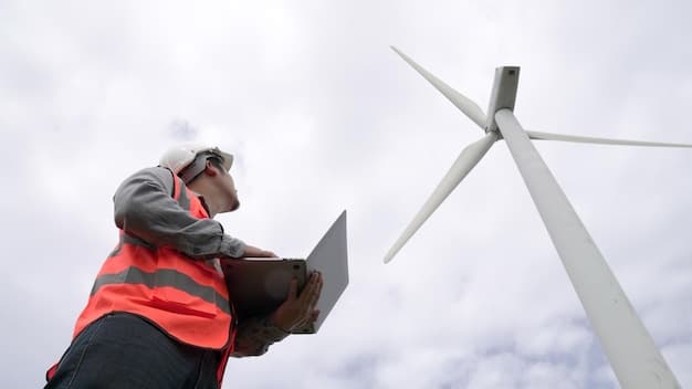 A close-up shot of a technician inspecting the blades of a wind turbine. The turbine is located in a wind farm, with multiple turbines visible in the background. The technician is wearing safety gear and using specialized equipment. The image focuses on the maintenance and technological aspects supported by Federal Funding for Renewable Energy Projects.