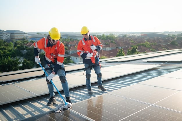 A group of construction workers installing solar panels on the roof of a commercial building. They are wearing hard hats and safety vests and using specialized tools and equipment. The image illustrates the job creation impact supported by Federal Funding for Renewable Energy Projects.