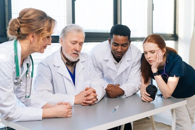 A diverse group of healthcare professionals are gathered around a table discussing strategies for opioid addiction treatment. The focus is on collaboration and data analysis related to the impact of new strategies and resources. The scene is well-lit and conveys a sense of optimism and proactiveness in facing the challenges of an Opioid Crisis Update.