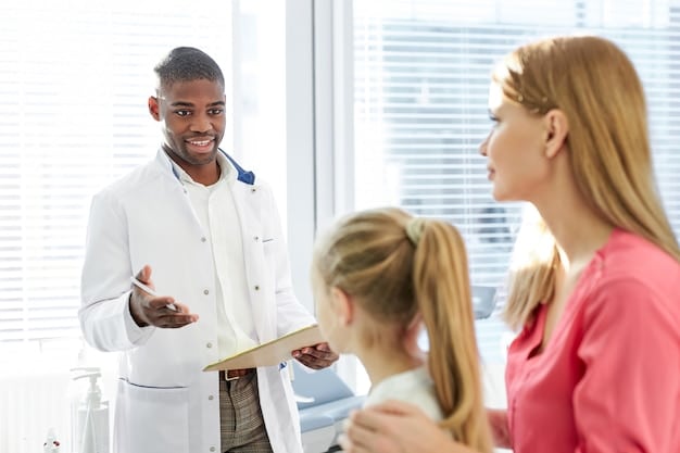 A doctor in a white coat calmly explaining a healthcare concept to a diverse family of three, emphasizing clarity, understanding, and patient-centered care.