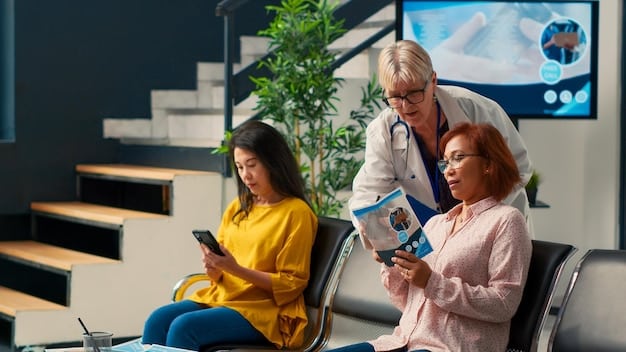 A healthcare professional interacting with a diverse patient group via a telehealth platform on a tablet, symbolizing expanded access and modern healthcare delivery solutions.