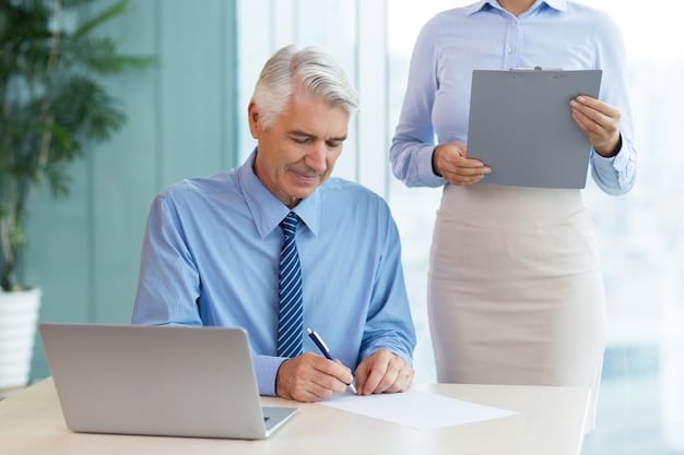 A business professional reviewing documents related to retirement planning, with a focus on eligibility and enrollment forms. The setting is a modern office, emphasizing the importance of understanding the requirements for employer matching contributions. The scene relates to Personal Finance Opportunity: Take Advantage of Employer Matching Contributions to Your Retirement Account.
