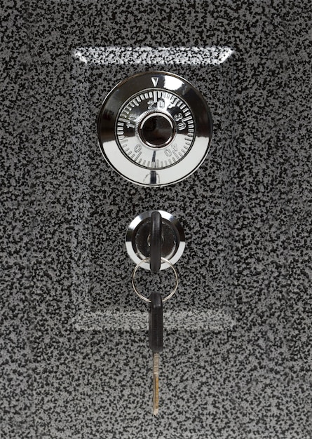 A split image showing, on one side, a digital padlock with a keyhole shaped like a dollar sign, and on the other side, a credit report with red flags marking suspicious items. The image symbolizes the importance of protecting financial information and reviewing credit reports for fraud.