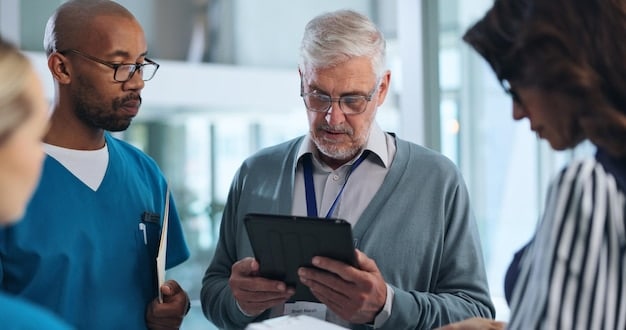 A close-up shot of a doctor using a tablet to discuss a patient's health insurance plan, with a focus on telemedicine options and digital health tools. The scene emphasizes the intersection of technology and healthcare.