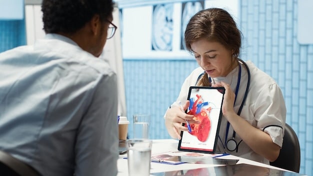 A doctor consulting with a patient, reviewing a heart health chart. The image illustrates the importance of regular check-ups and medical advice in managing and preventing heart disease, aligning with the New CDC Guidelines: How to Reduce Your Risk of Heart Disease by 15% in 2025.