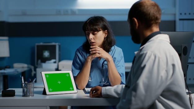 doctor explaining updated screening recommendations to a patient. The patient is looking confused and concerned. The context showcases the importance of 'Updated Cancer Screening Recommendations: Are You Following the Latest US Guidelines?' being explained clearly and compassionately.