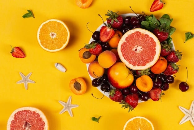 A flat lay featuring an assortment of colorful fruits high in vitamin C, such as oranges, strawberries, kiwis, and lemons, arranged artfully on a light wooden background. The composition is bright and inviting, emphasizing the natural sources of Vitamin C and its role in 'Boost Your Immunity: 5 Essential Vitamins You're Probably Missing This Winter'.