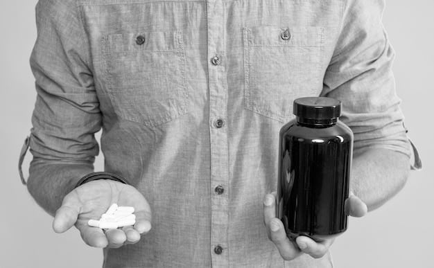 A stark black and white image showing a hand reaching for a bottle of pills labeled