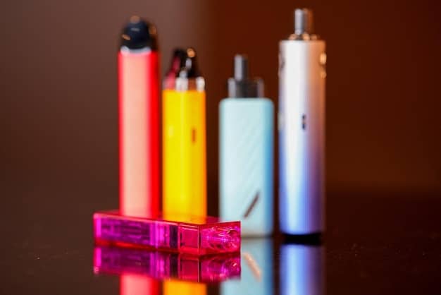 A close-up shot of various vape devices and e-liquids with bright, attractive packaging. The composition highlights the deceptive marketing targeting youth, with vibrant colors and cartoon-like designs. This image underscores The Dangers of Vaping: What Parents Need to Know About E-Cigarettes.