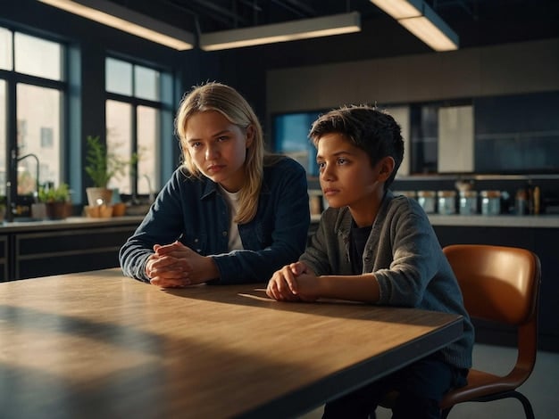A parent and teenager sitting at a table, engaging in a serious but calm discussion. The parent is holding a pamphlet about the risks of vaping. The image shows The Dangers of Vaping: What Parents Need to Know About E-Cigarettes and emphasizes open communication and trust.