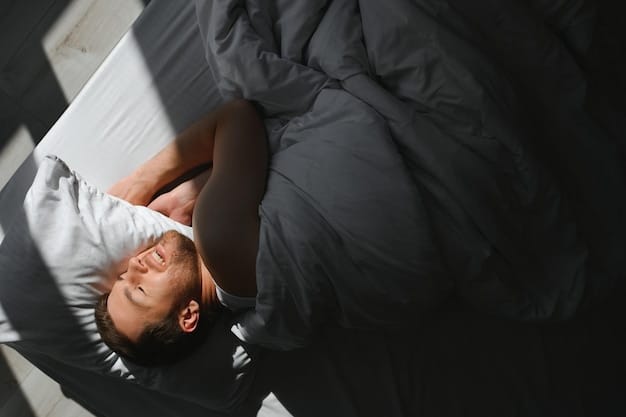 A person sleeping peacefully in a dark and quiet room, emphasizing the importance of sleep for stress management and overall well-being. Focus on the serene atmosphere and comfortable bedding.